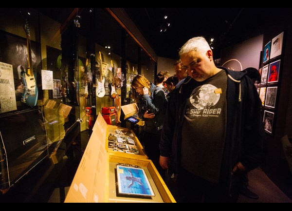 Album art and guitars at the Nirvana gallery at MoPOP