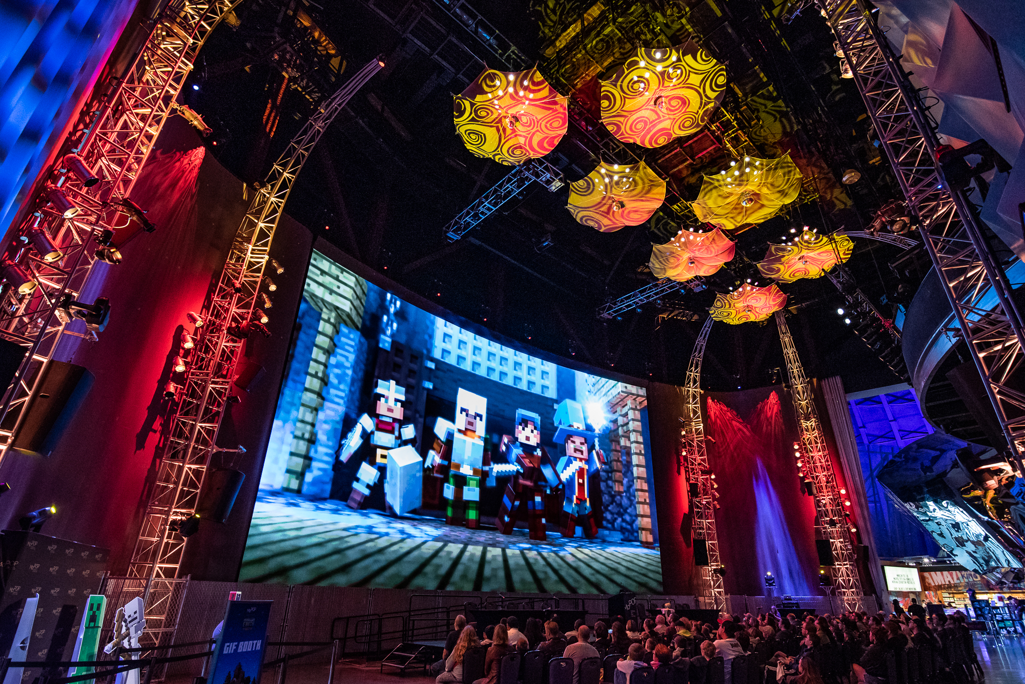 Visitors look on at MoPOP's Sky Church screen during the opening party for "Minecraft: The Exhibition'