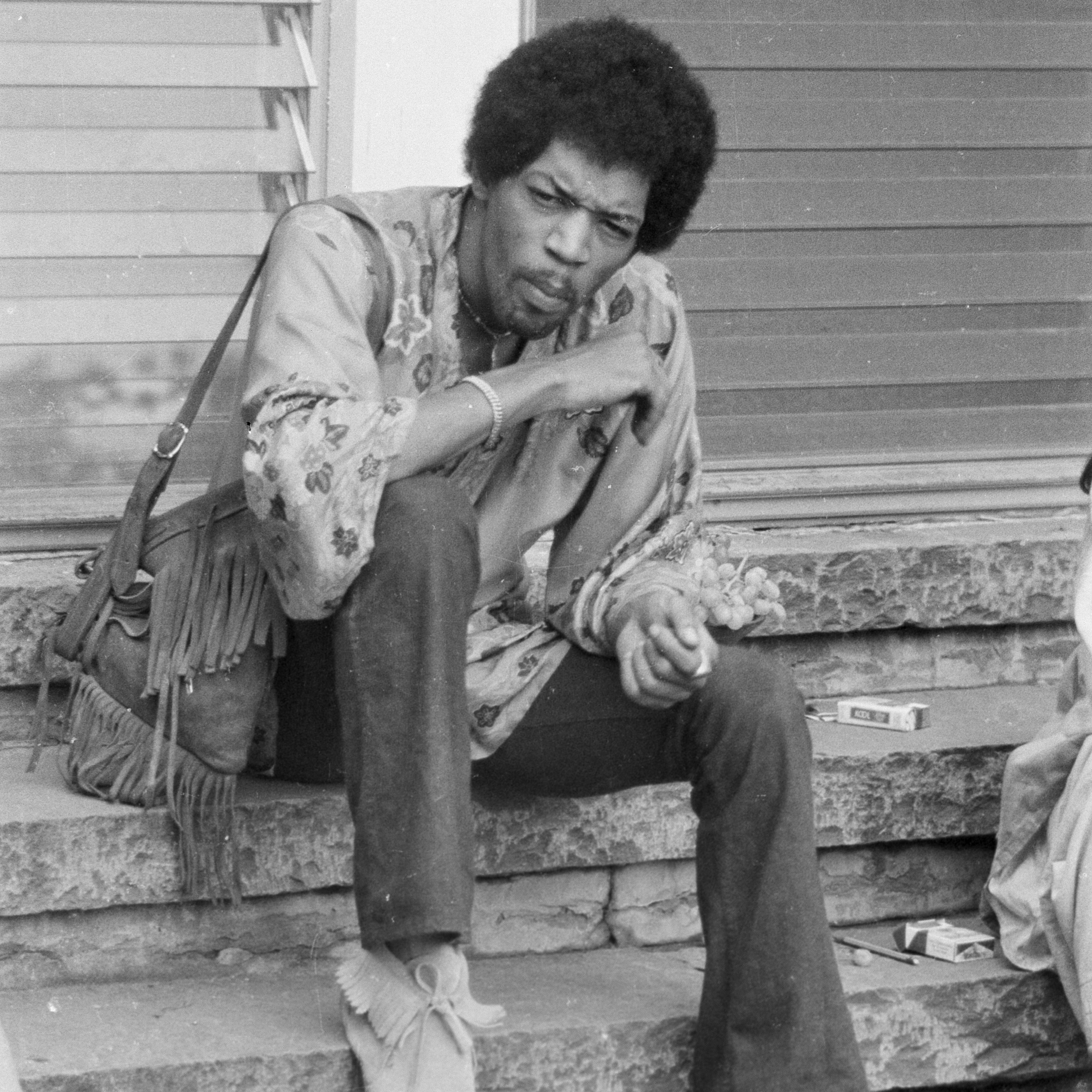 Jimi Hendrix wearing kimono at Woodstock rehearsals in upstate New York in August 1969