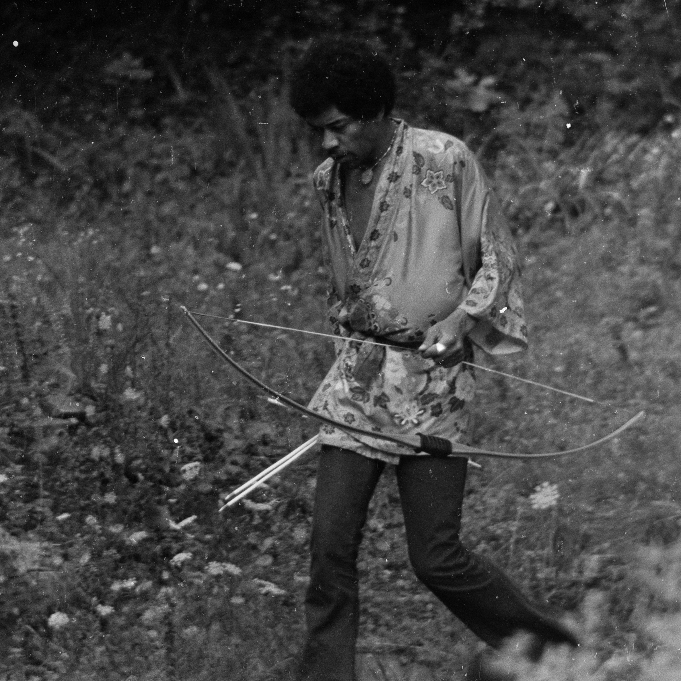 Jimi Hendrix wearing kimono at Woodstock rehearsals in upstate New York in August 1969