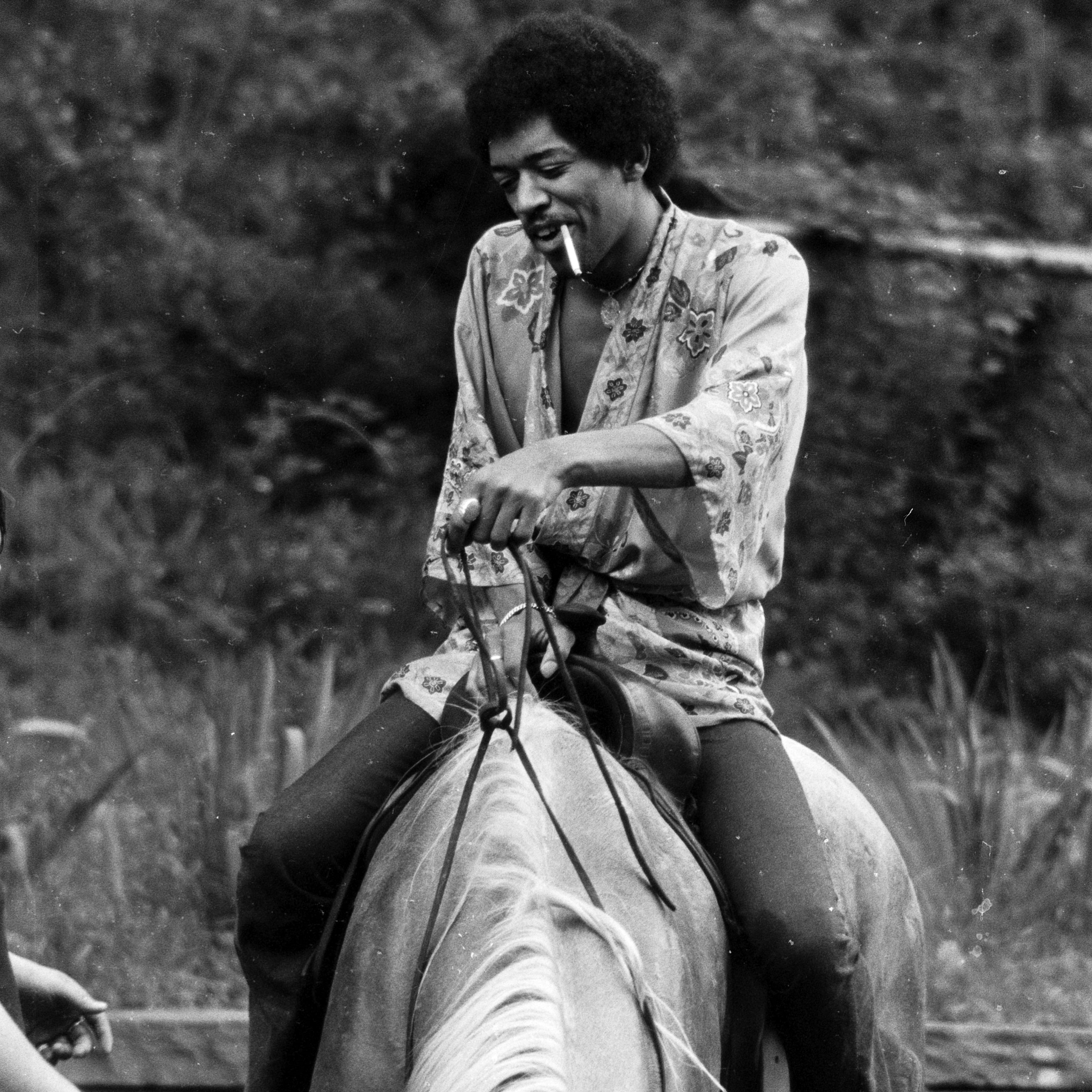 Jimi Hendrix wearing kimono at Woodstock rehearsals in upstate New York in August 1969